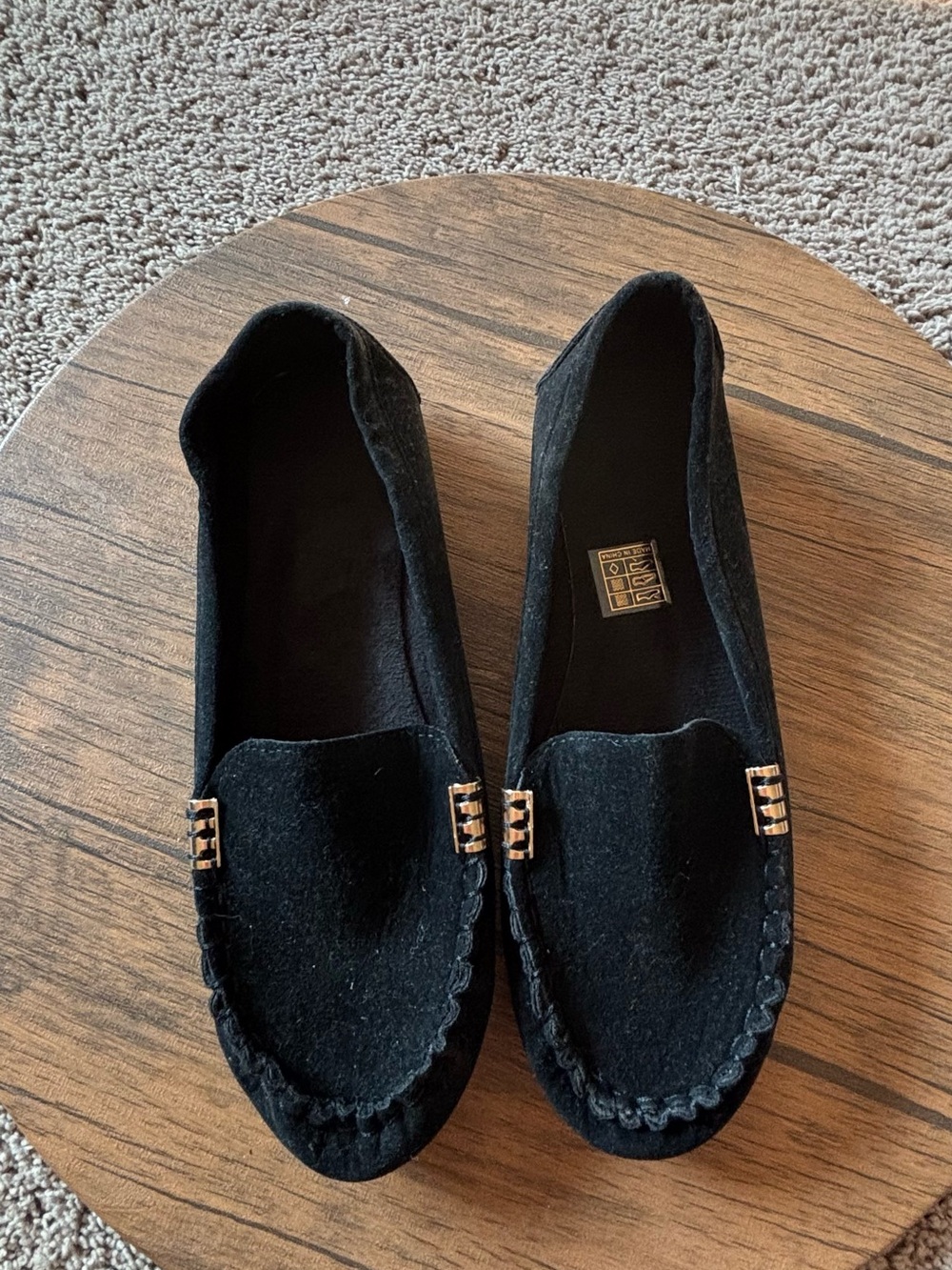 Black Suede Women's Loafers with Gold Accent